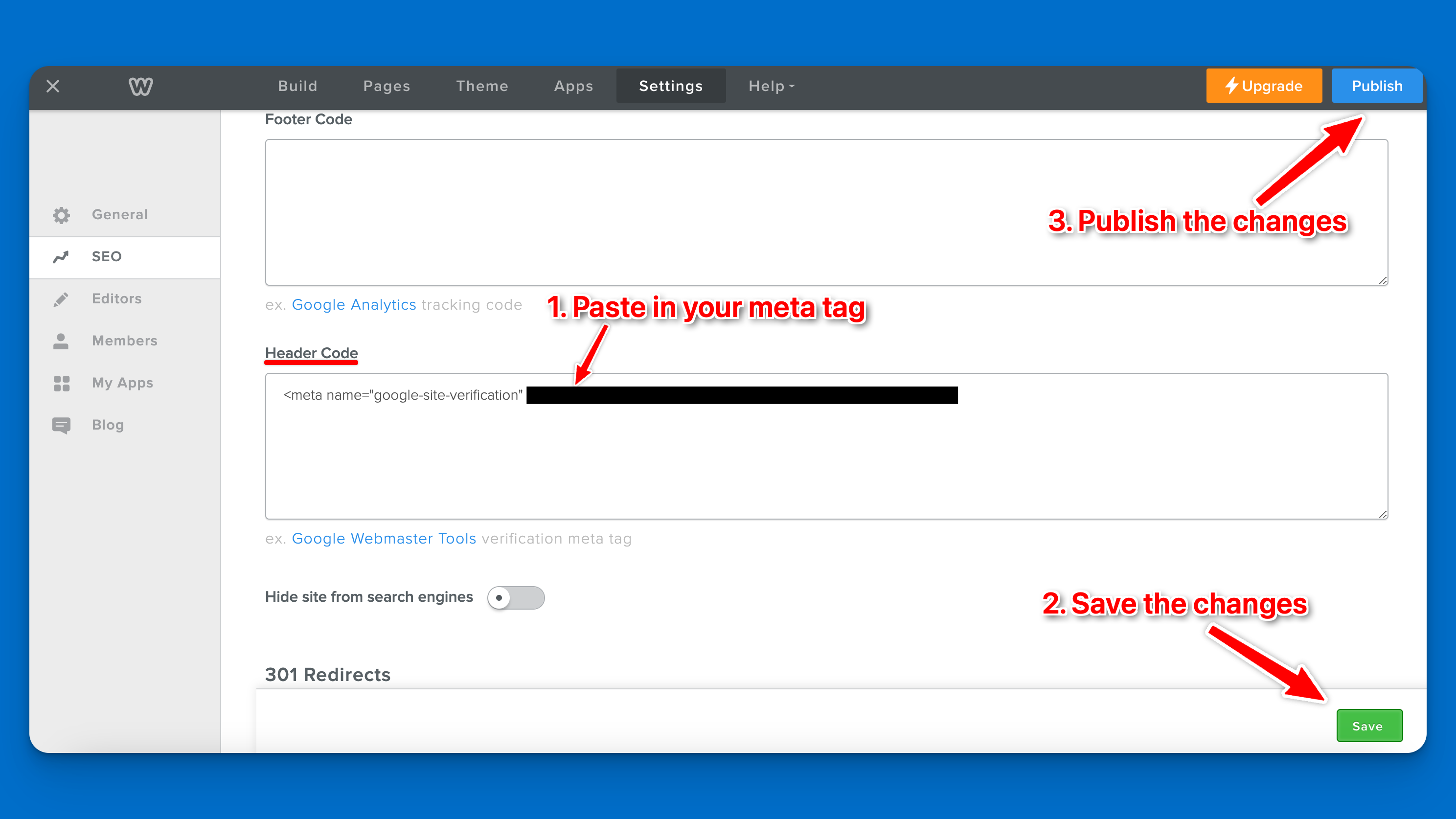 Adding the meta tag in Weebly