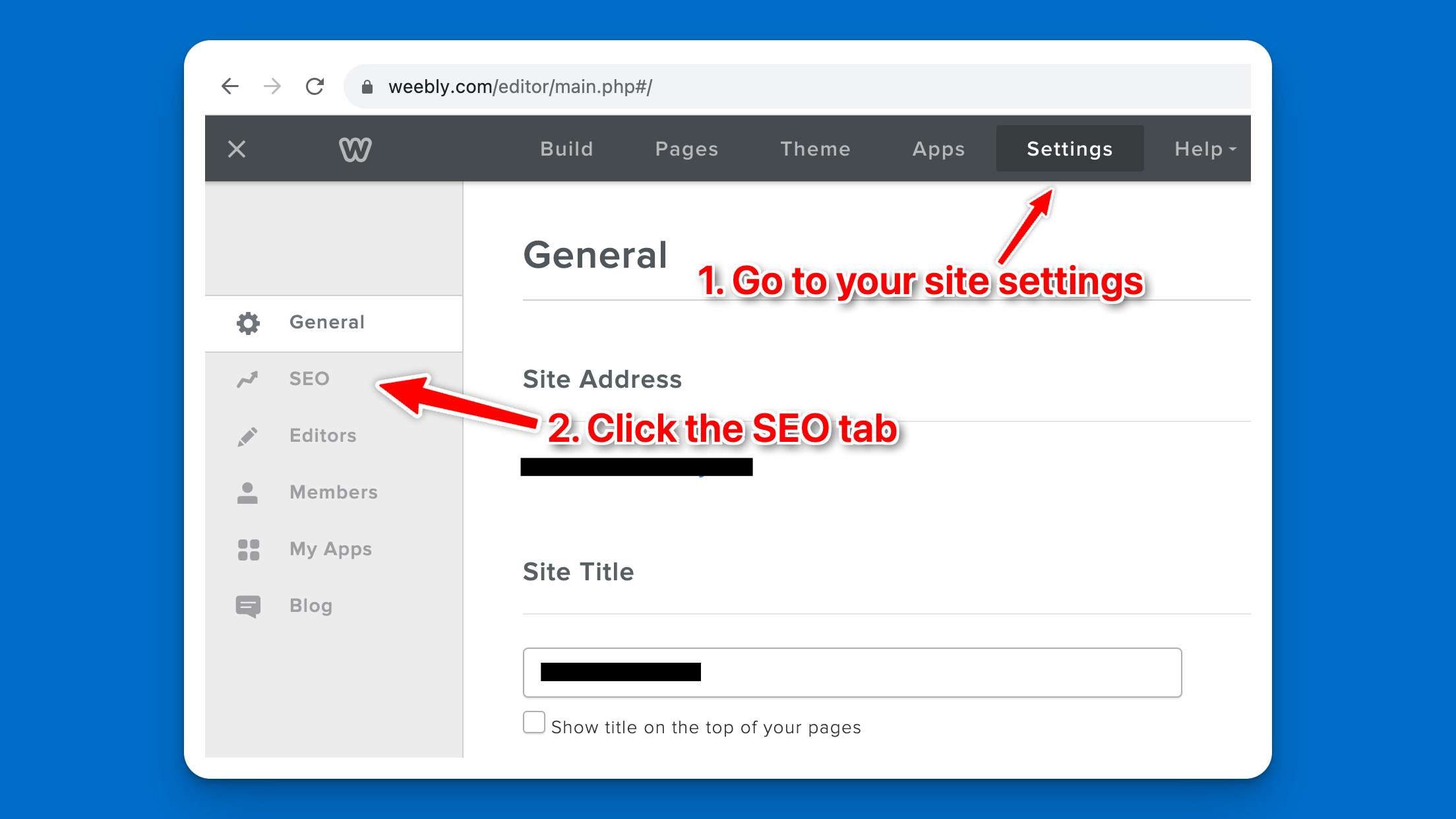 Navigating to the SEO tab in Weebly